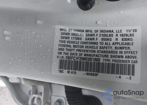 2021 Honda Civic Ex z USA, uszkodzony, nr VIN 19XFC1F35ME001960